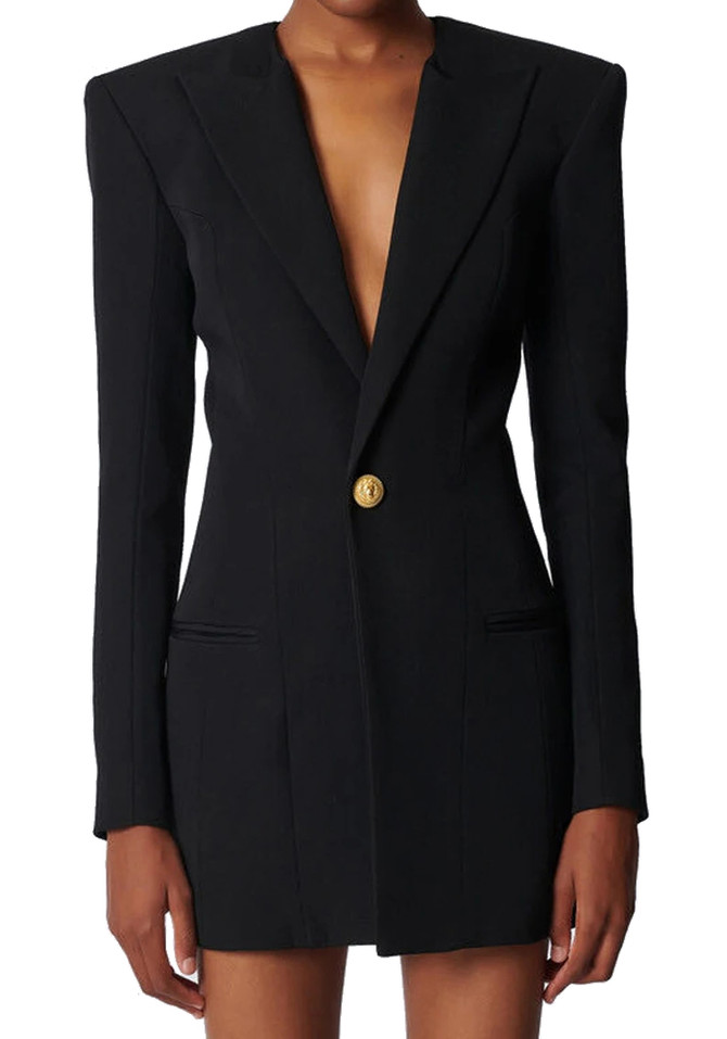 Long Sleeve Concealed Pocket Blazer Dress Black