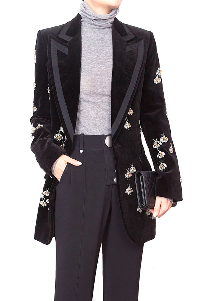 Long Sleeve Crystal Bee Velvet Blazer Black