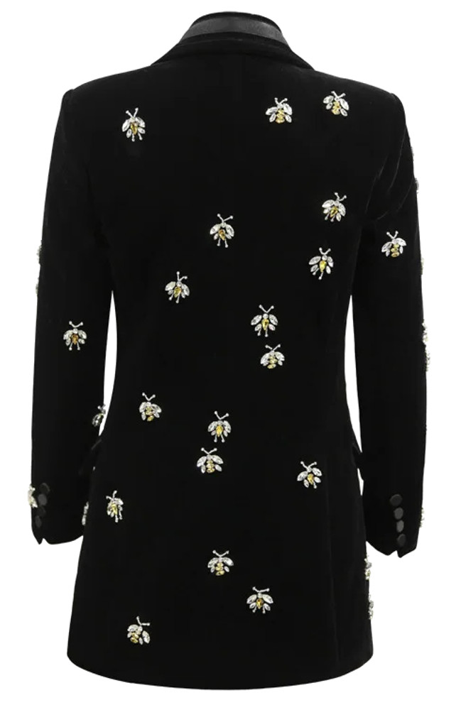 Long Sleeve Crystal Bee Velvet Blazer Black