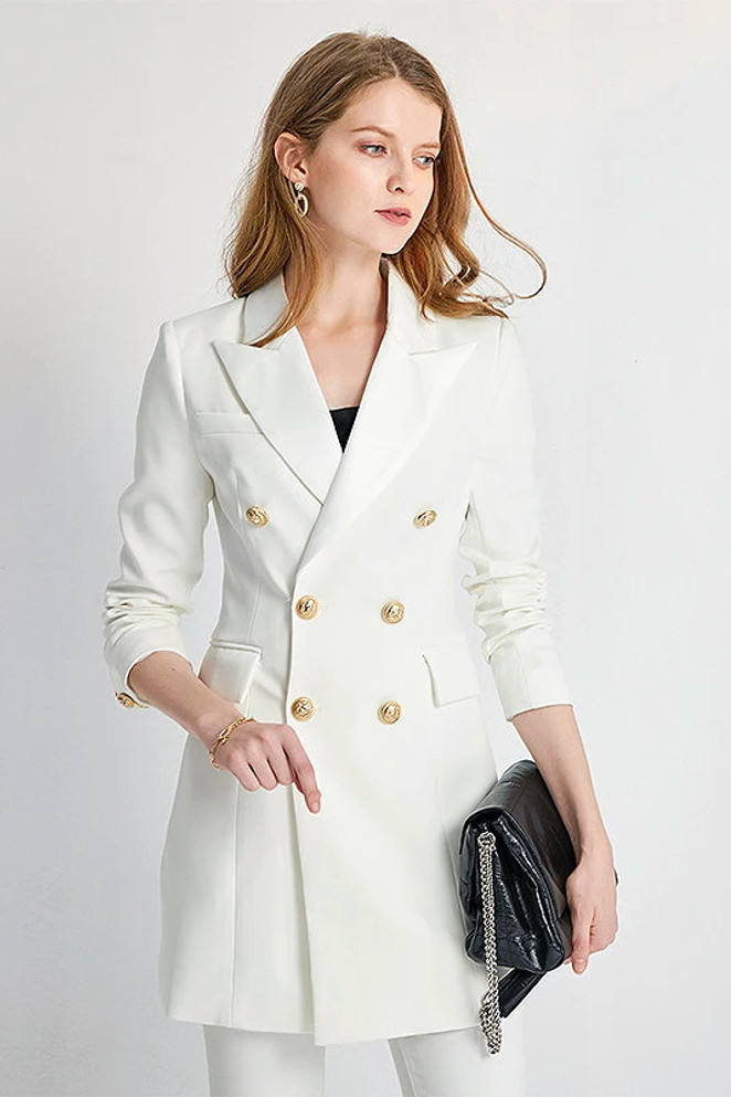 Long Sleeve Satin Lapel Blazer Dress White