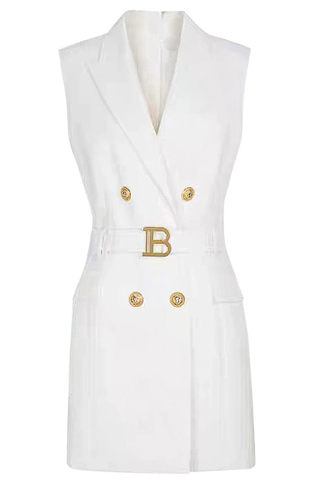 Sleeveless Belt Blazer Dress White