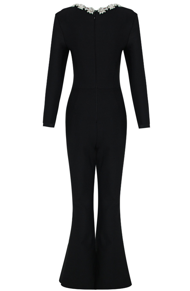 Long Sleeve Crystal Neckline Jumpsuit Black