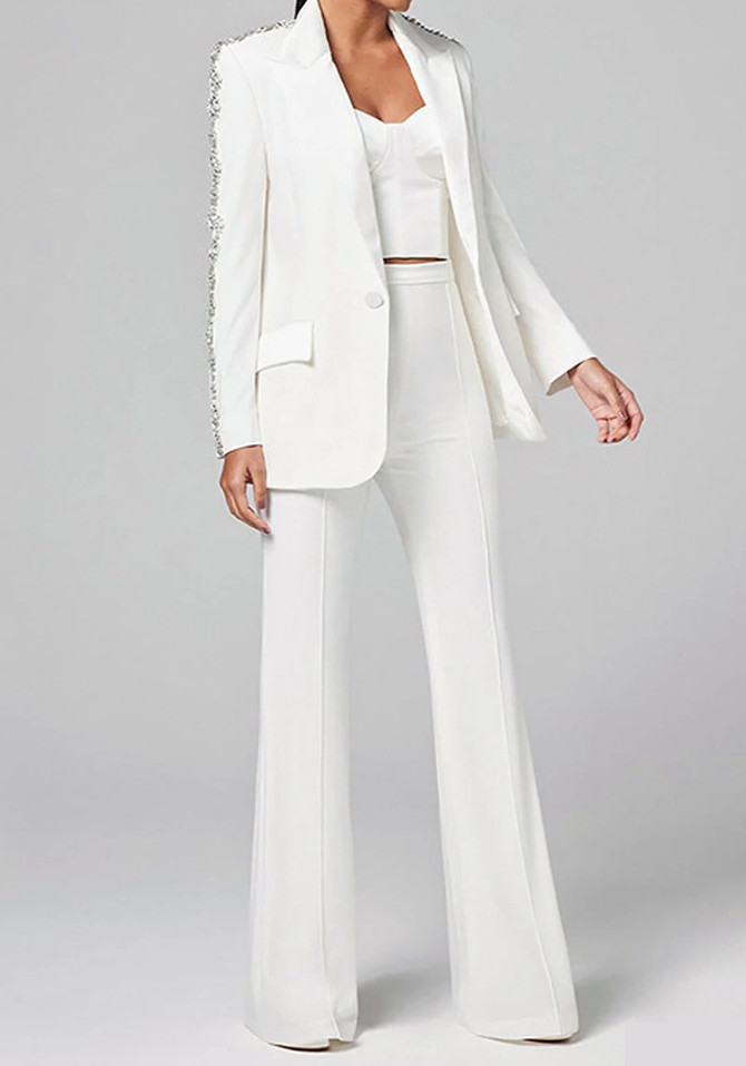 Long Sleeve Crystal Detail Suit White