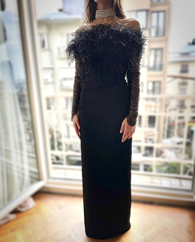 Long Sleeve Feather Sequin Maxi Dress Black