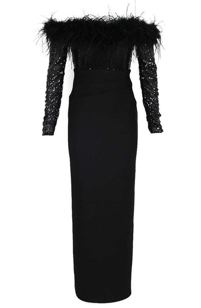 Long Sleeve Feather Sequin Maxi Dress Black