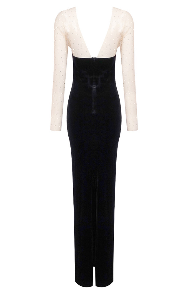 Crystal Mesh Long Sleeve Velvet Maxi Dress Black