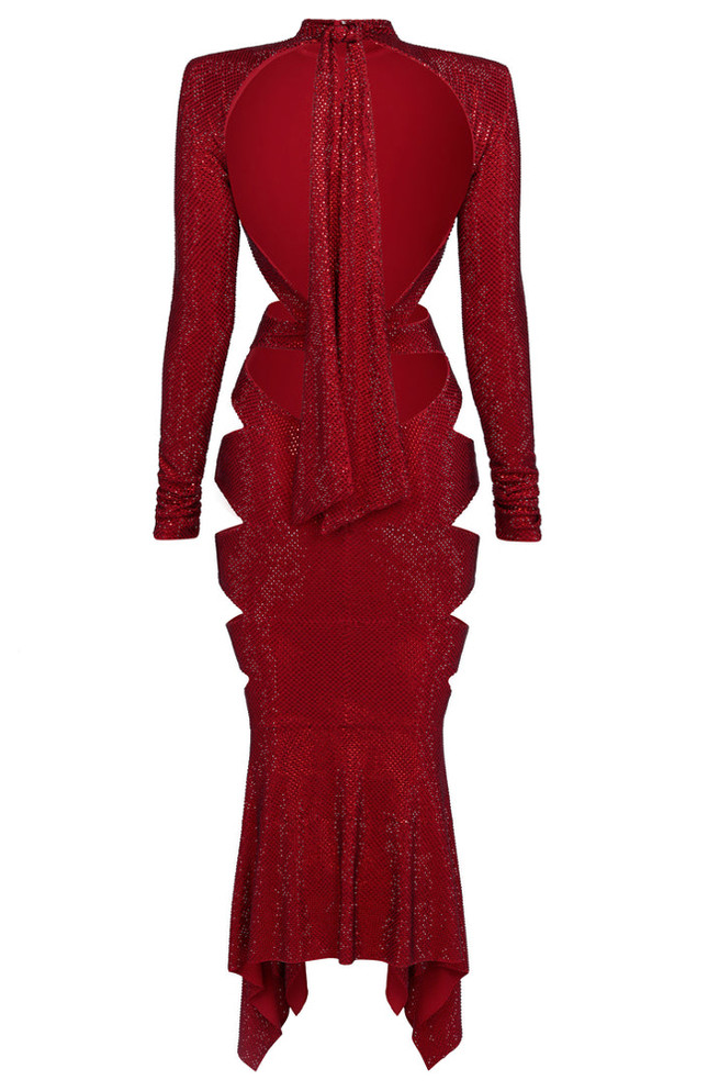 Long Sleeve Cut Out Sparkly Maxi Dress Red