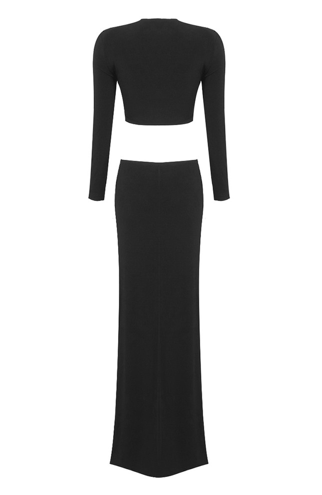 Long Sleeve Animal Print Maxi Two Piece Dress Black