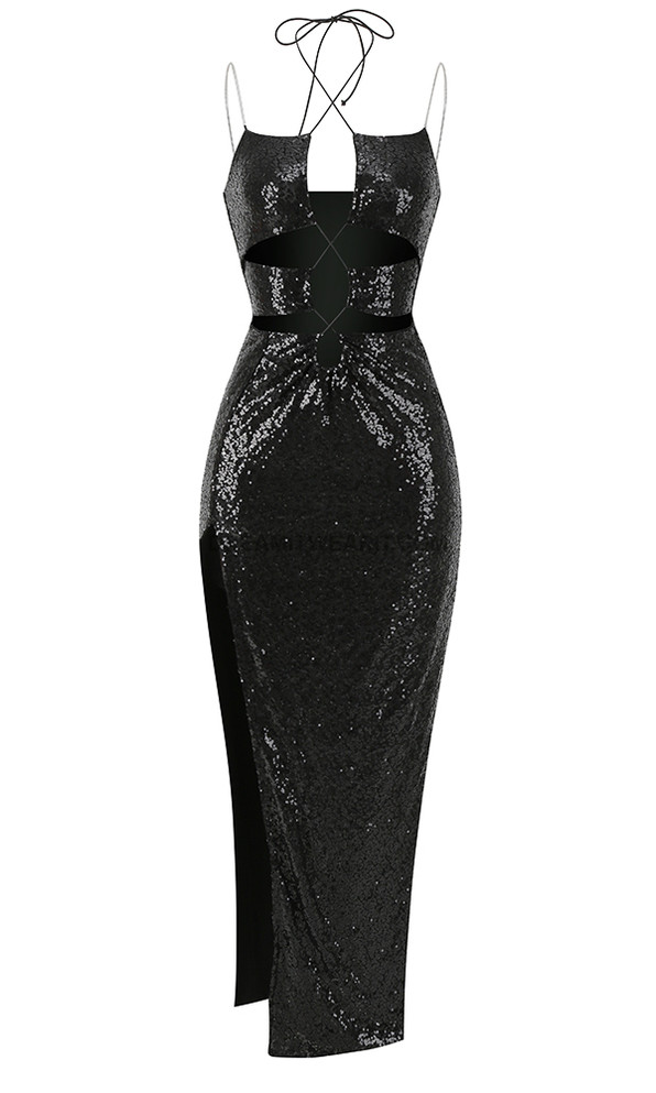 Halter Lace Up Sequin Maxi Dress Black