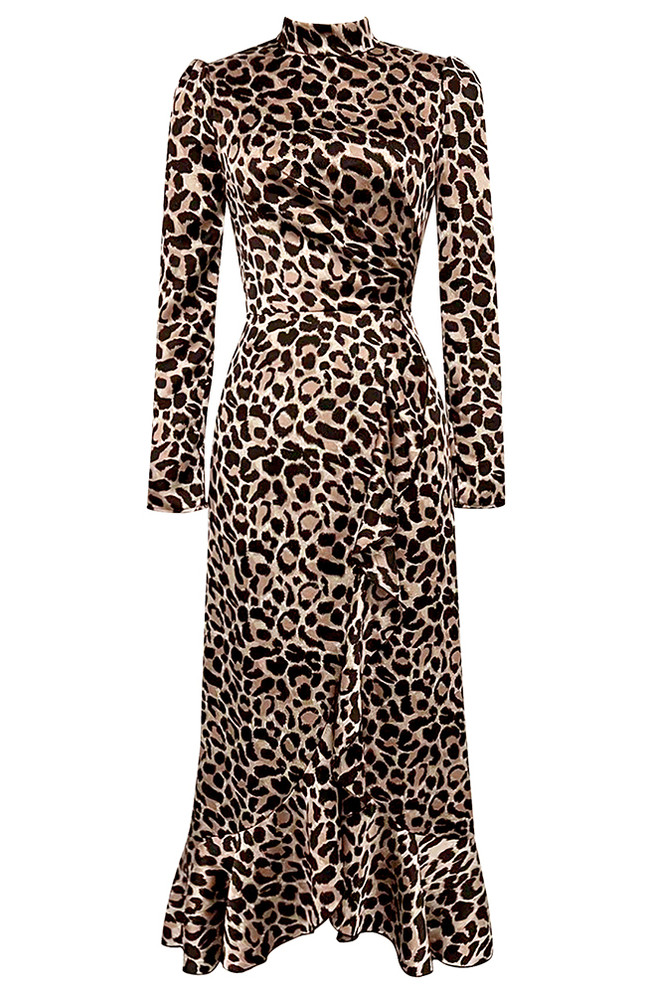 Long Sleeve Animal Print Ruffle Maxi Dress