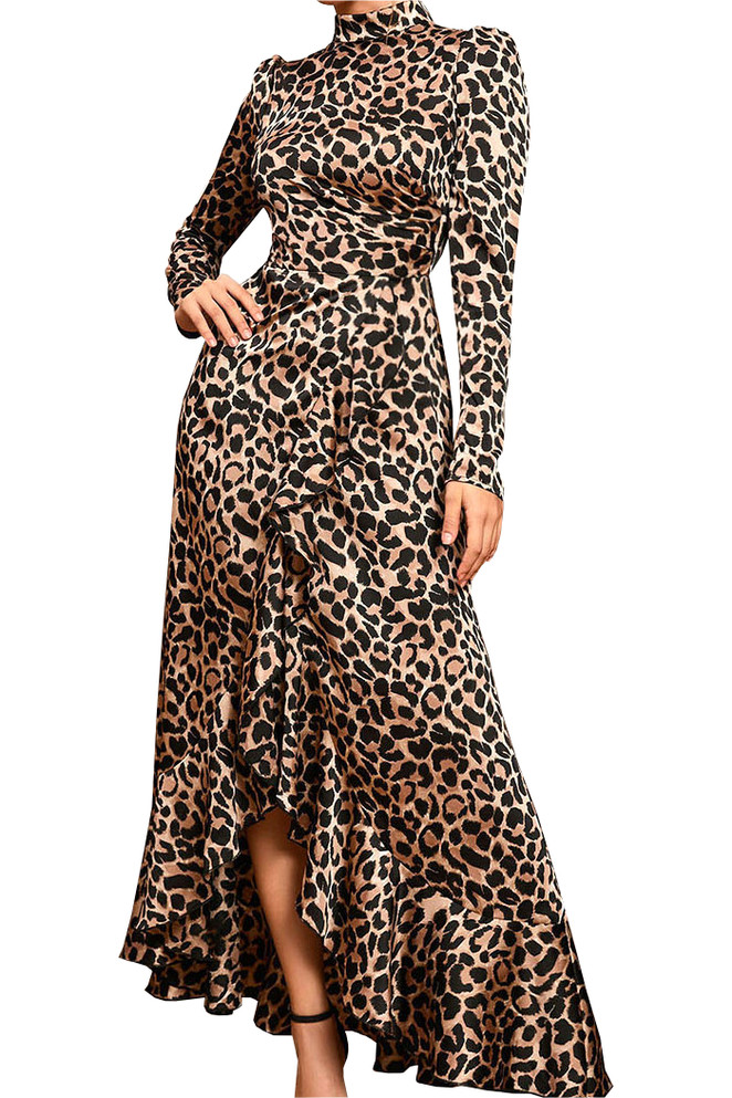 Long Sleeve Animal Print Ruffle Maxi Dress