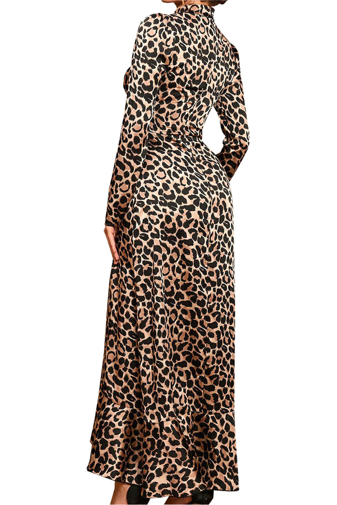 Long Sleeve Animal Print Ruffle Maxi Dress