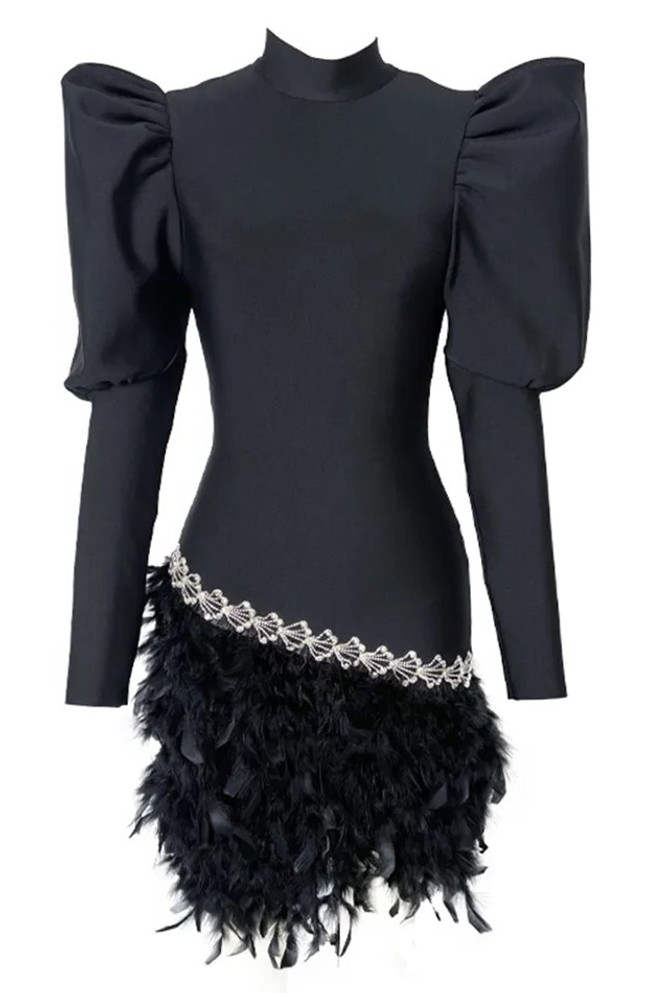Puff Long Sleeve Feather Dress Black
