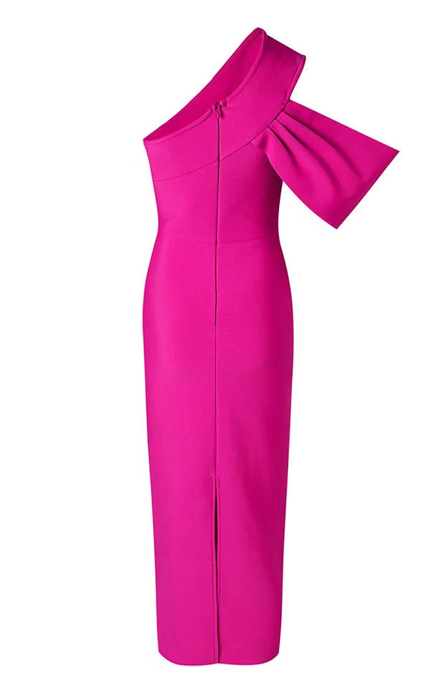 One Shoulder Bardot Midi Dress Hot Pink