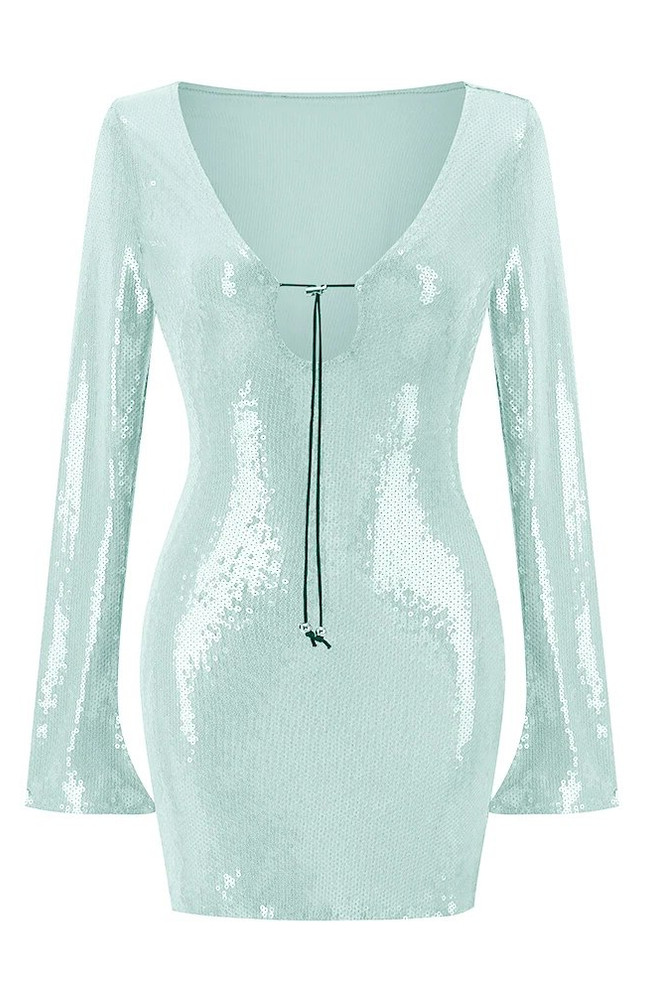 Long Sleeve Sequin Dress Aqua