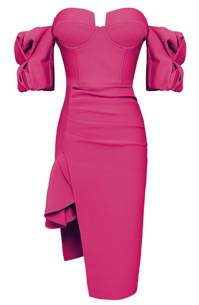 Puff Sleeve Bardot Bustier Midi Dress Hot Pink