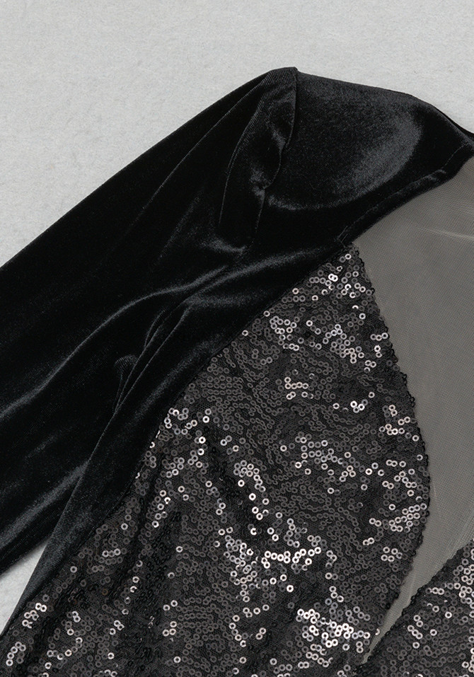 Long Sleeve Sequin Detail Maxi Velvet Dress Black
