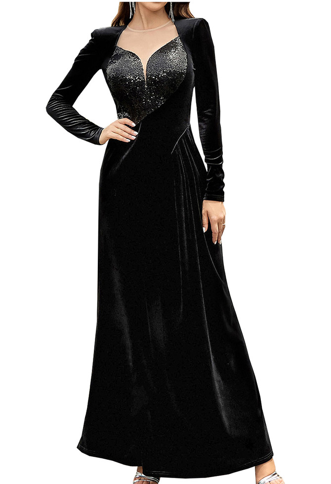 Long Sleeve Sequin Detail Maxi Velvet Dress Black