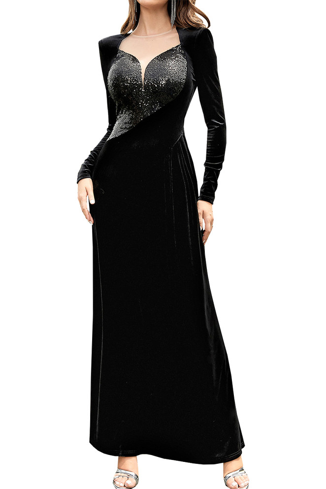 Long Sleeve Sequin Detail Maxi Velvet Dress Black