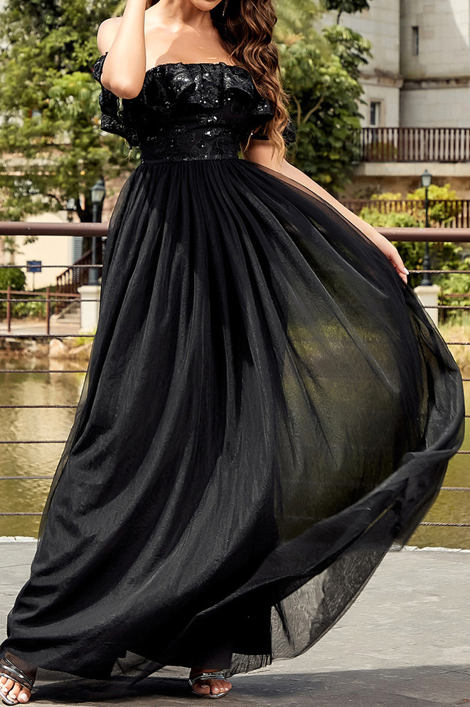 Ruffle Bardot Sequin Lace Maxi Dress Black