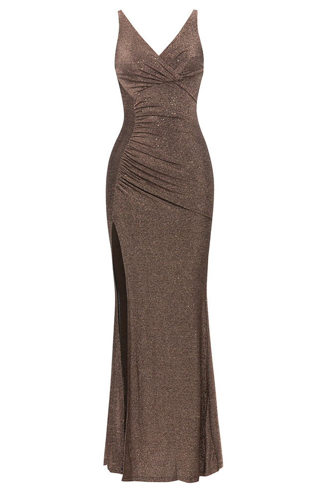 Sparkly Ruched Maxi Dress Brown