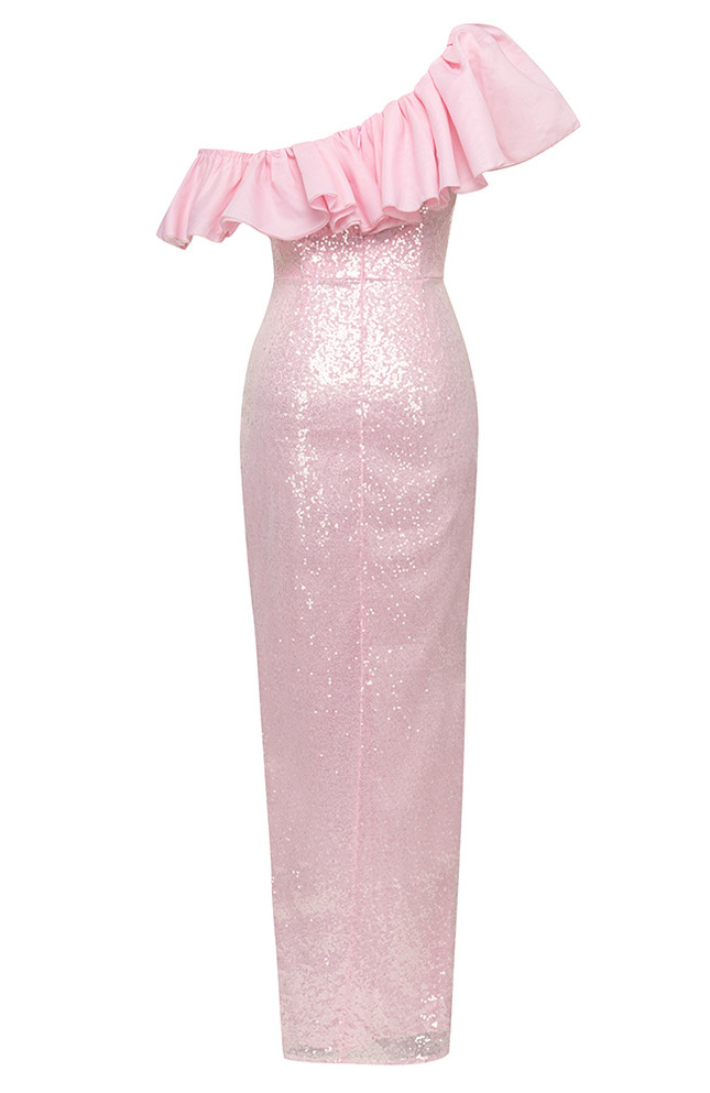 Ruffle Bardot Sequin Maxi Dress Pink