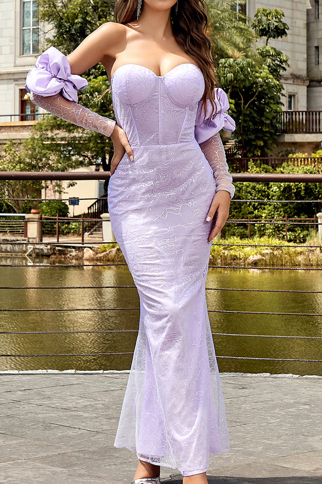 Long Sleeve Bardot Bustier Maxi Dress Lavender