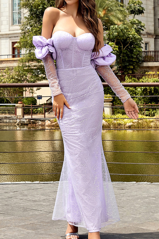 Long Sleeve Bardot Bustier Maxi Dress Lavender