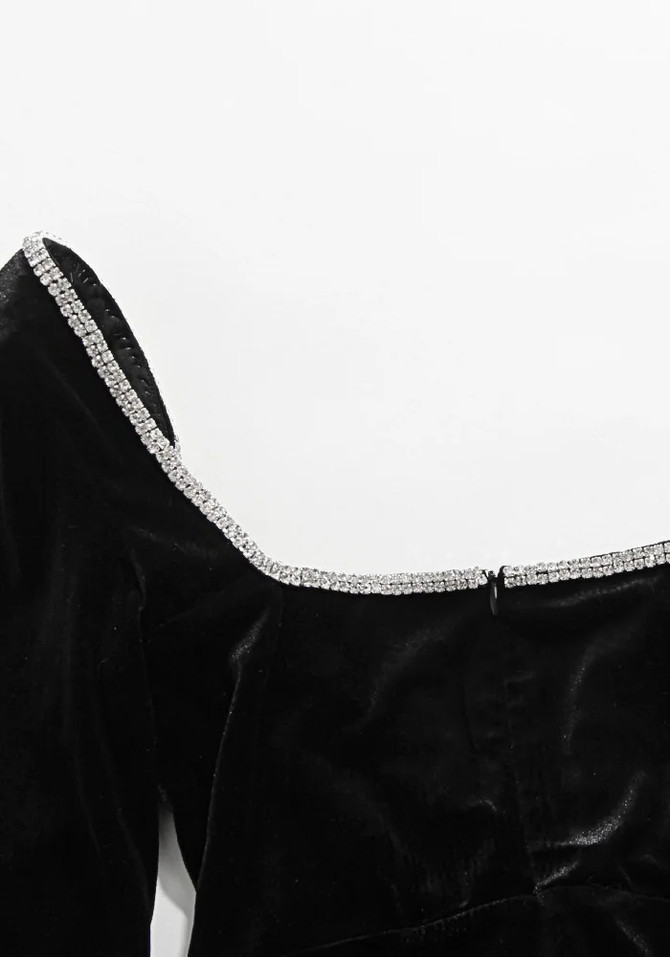 Long Sleeve Crystal Trim Velvet Dress Black