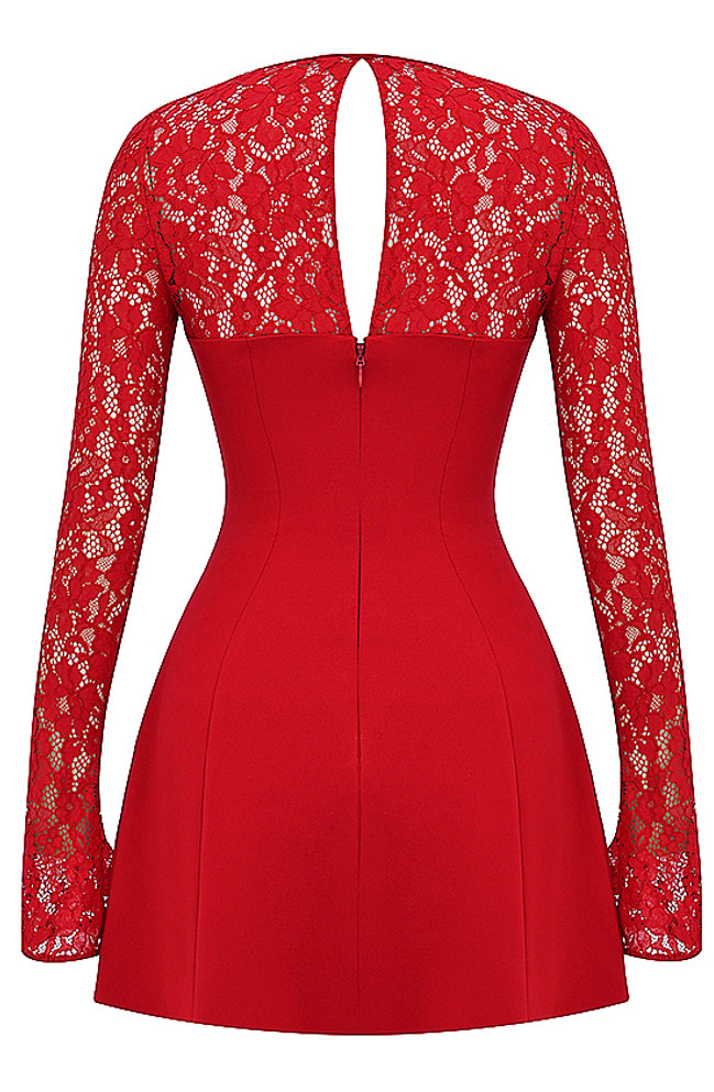 Lace Long Sleeve A Line Dress Red