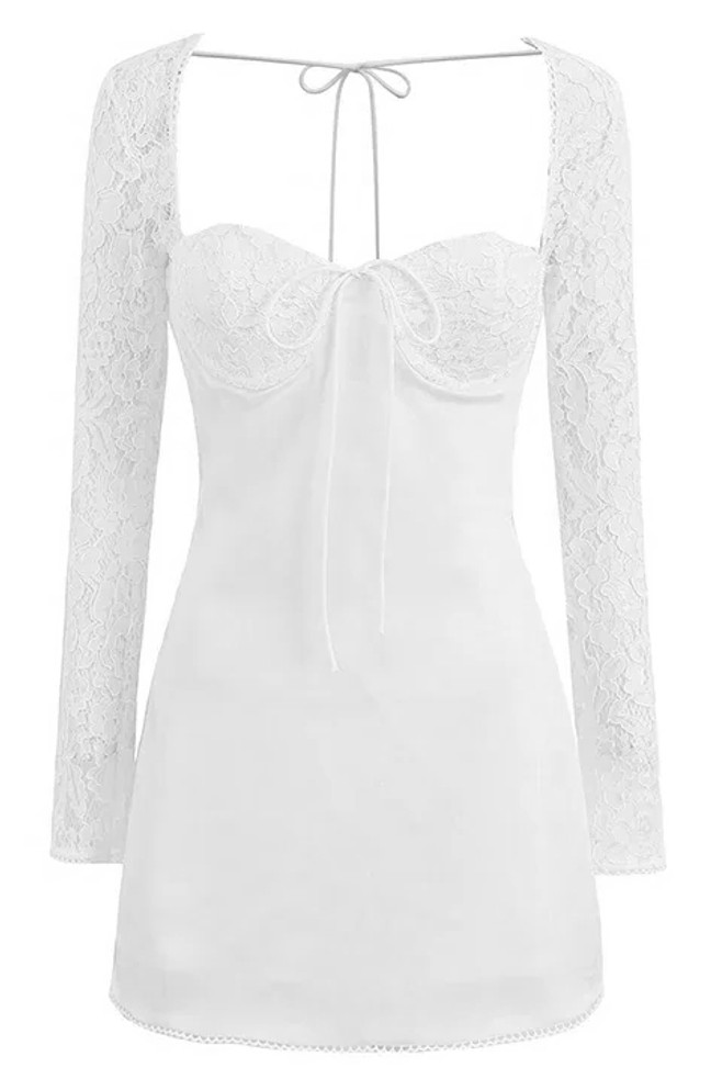 Lace Long Sleeve A Line Dress White