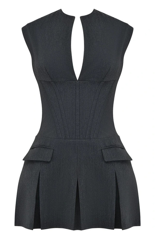 Pleated A Line Dress Charcoal