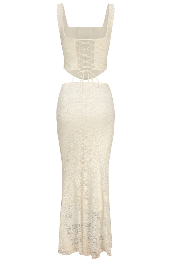 Ruched Lace Corset Two Piece Maxi Dress Ivory