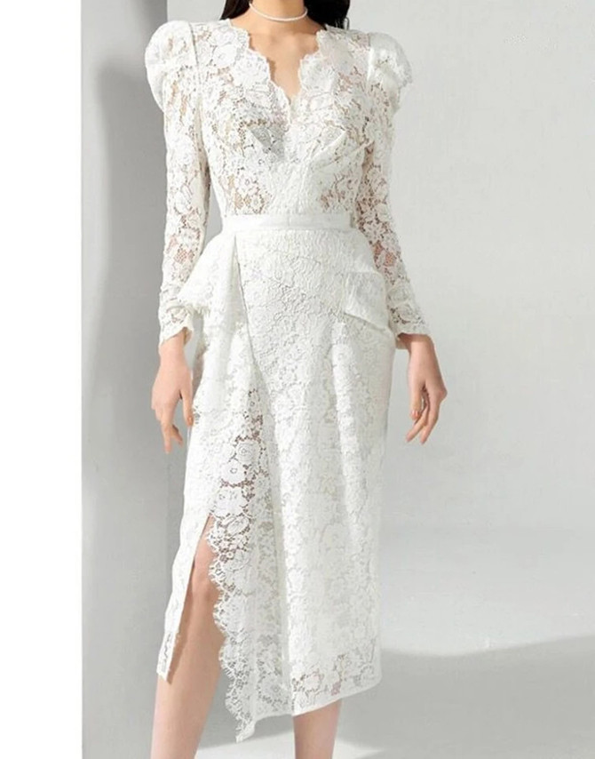 Long Sleeve Lace Midi Dress White