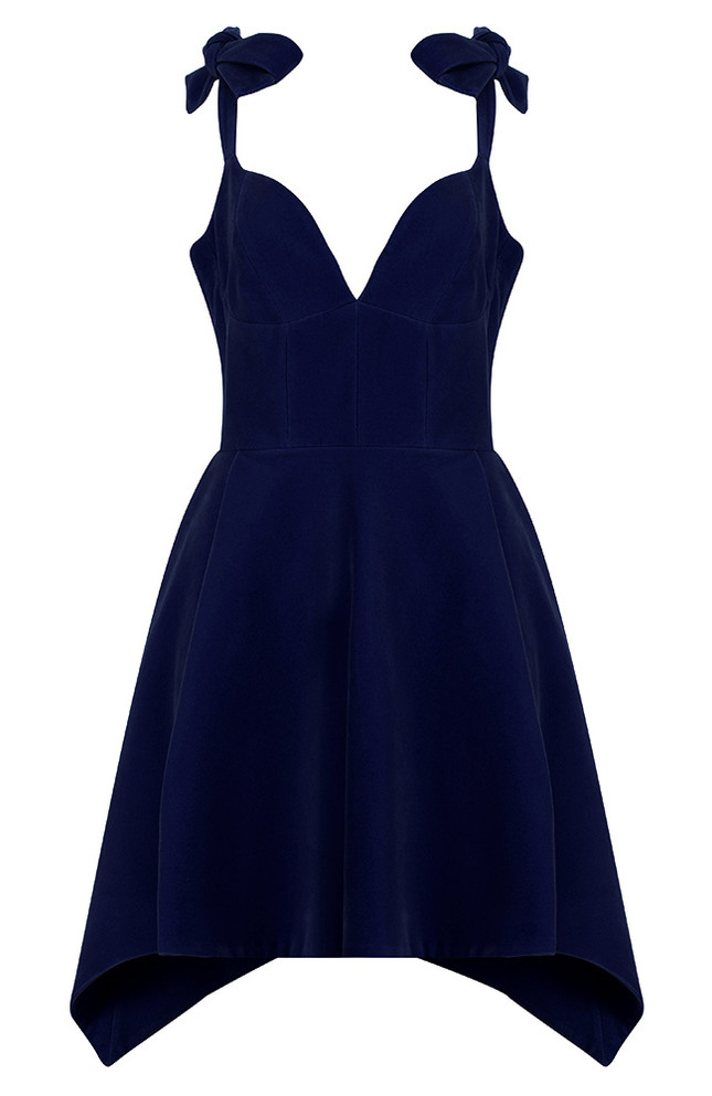 Bow Detail A Line Velvet Dress Blue