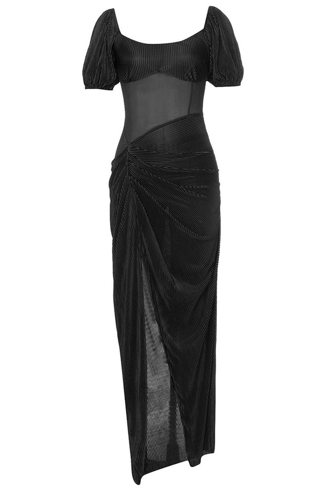 Short Sleeve Pleated Draped Maxi Dress Black