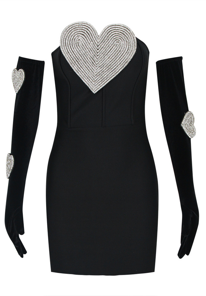 Strapless Crystal Heart Dress Black