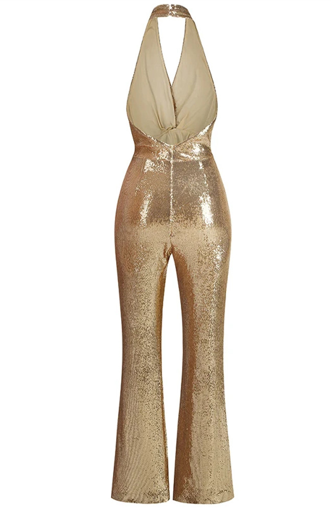 Halter Draped Sequin Jumpsuit Gold