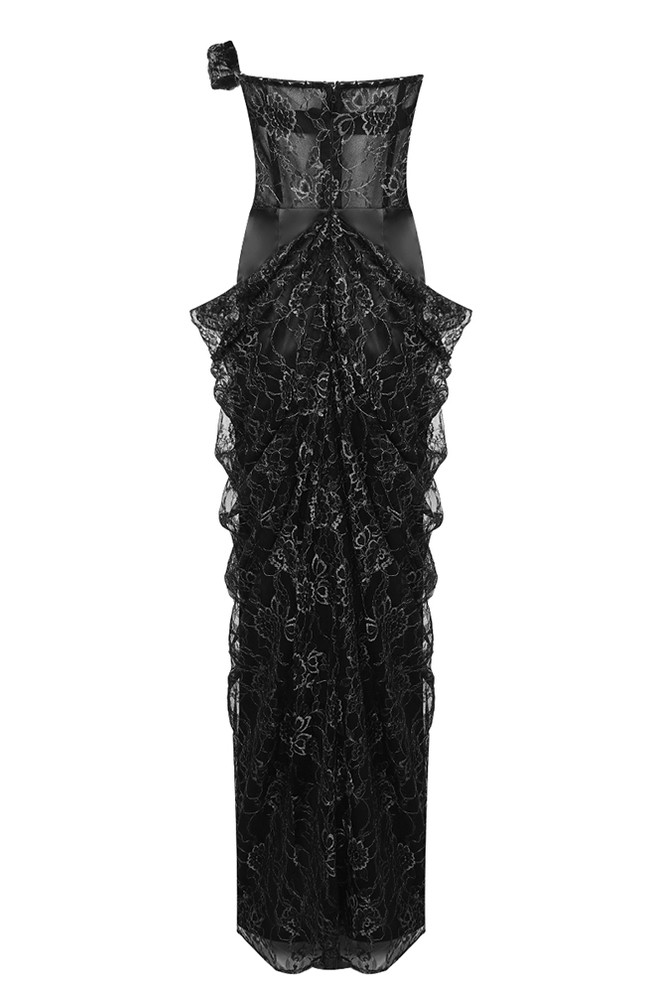 Strapless Floral Draped Lace Maxi Dress Black