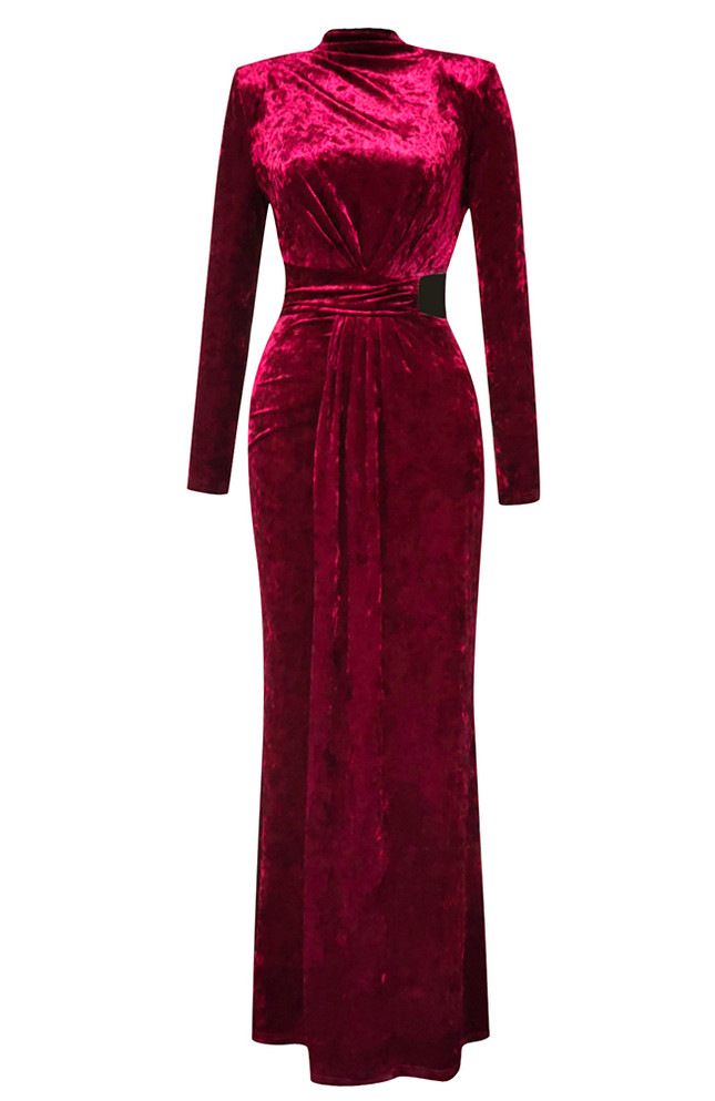 Long Sleeve Draped Maxi Velvet Dress Red