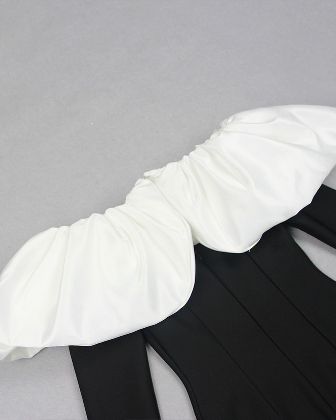 Long Sleeve Puff Bardot Midi Dress Black White