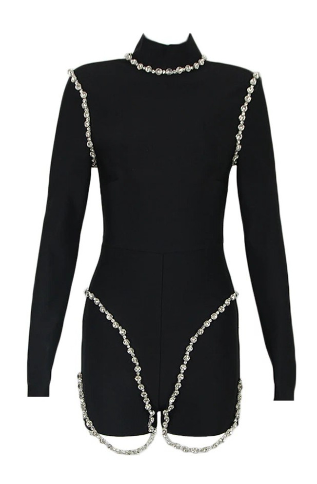 Long Sleeve Crystal Detail Jumpsuit Black
