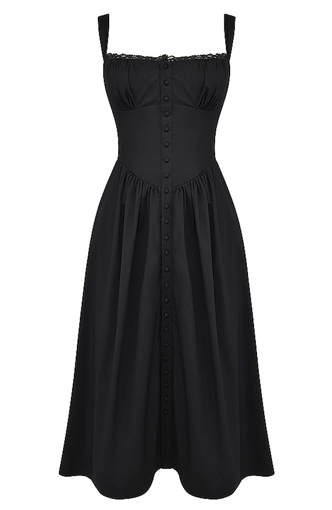 Button Detail Corset A Line Midi Dress Black