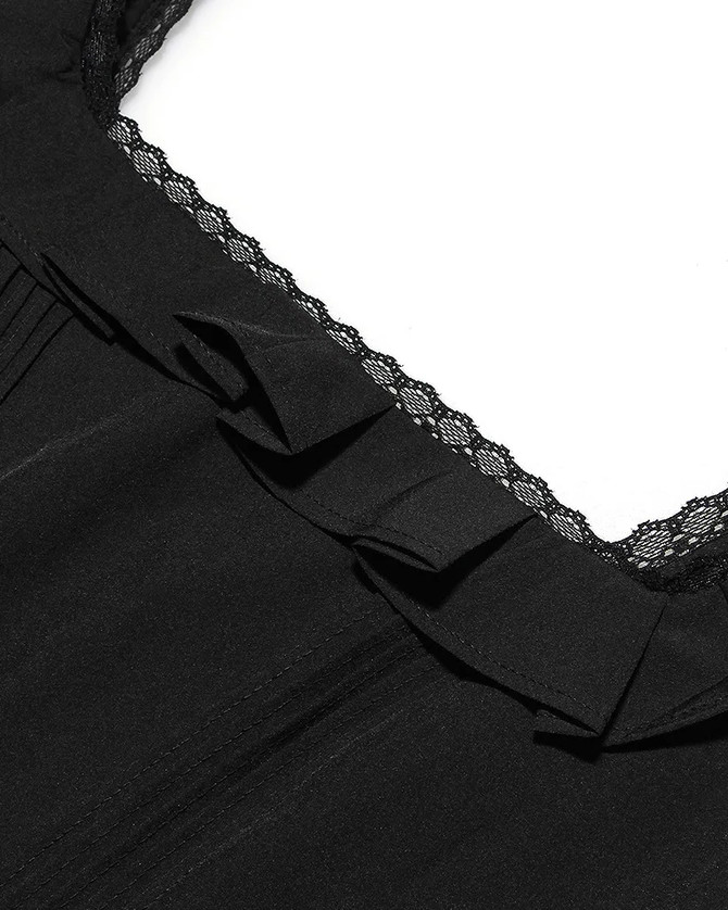 Ruffle Lace Detail A Line Dress Black