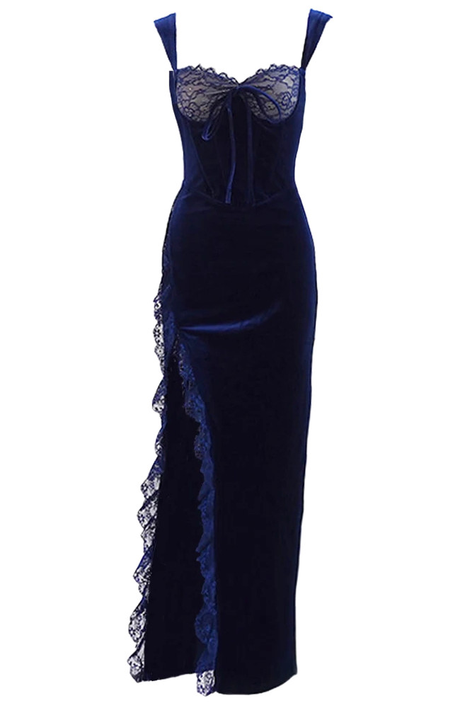 Lace Corset Ruffle Maxi Velvet Dress Blue