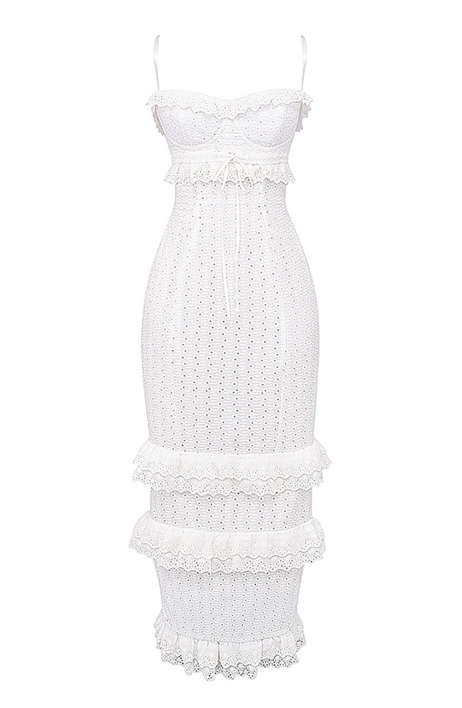 Bustier Ruffle Broderie Lace Maxi Dress White