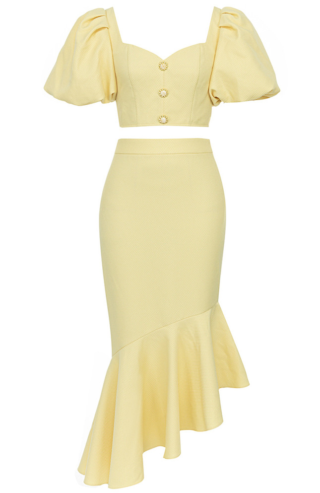 Puff Sleeve Fluted Midi Two Piece Dress Yellow