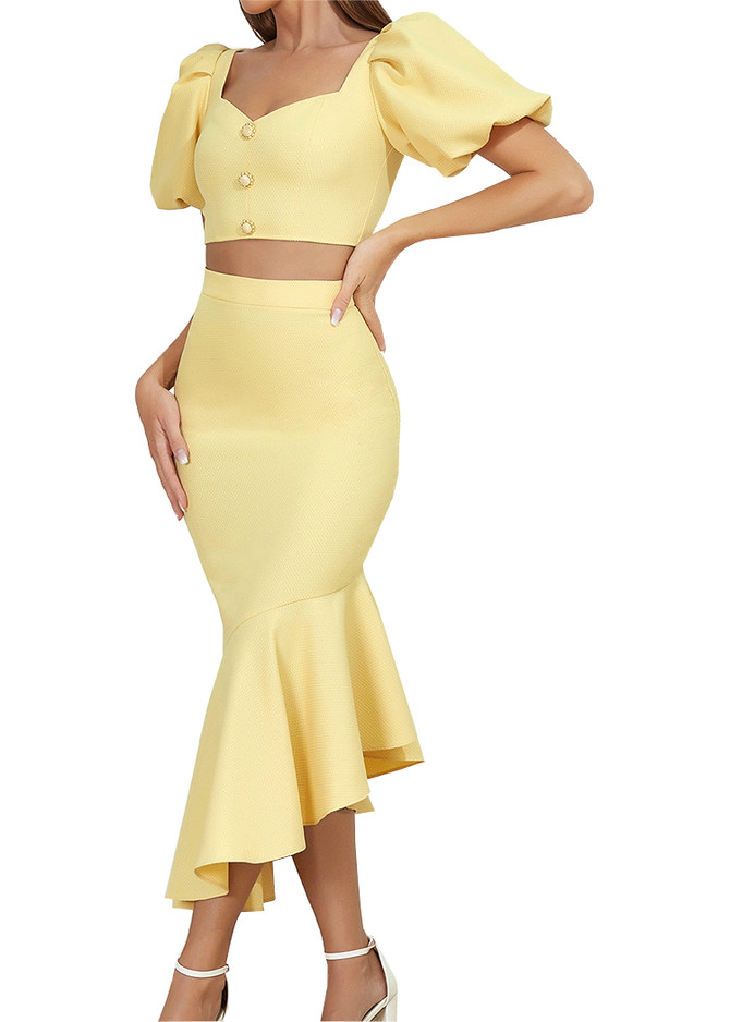 Puff Sleeve Fluted Midi Two Piece Dress Yellow