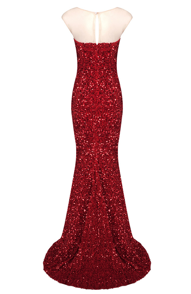 Mesh Insert Sequin Mermaid Maxi Dress Red