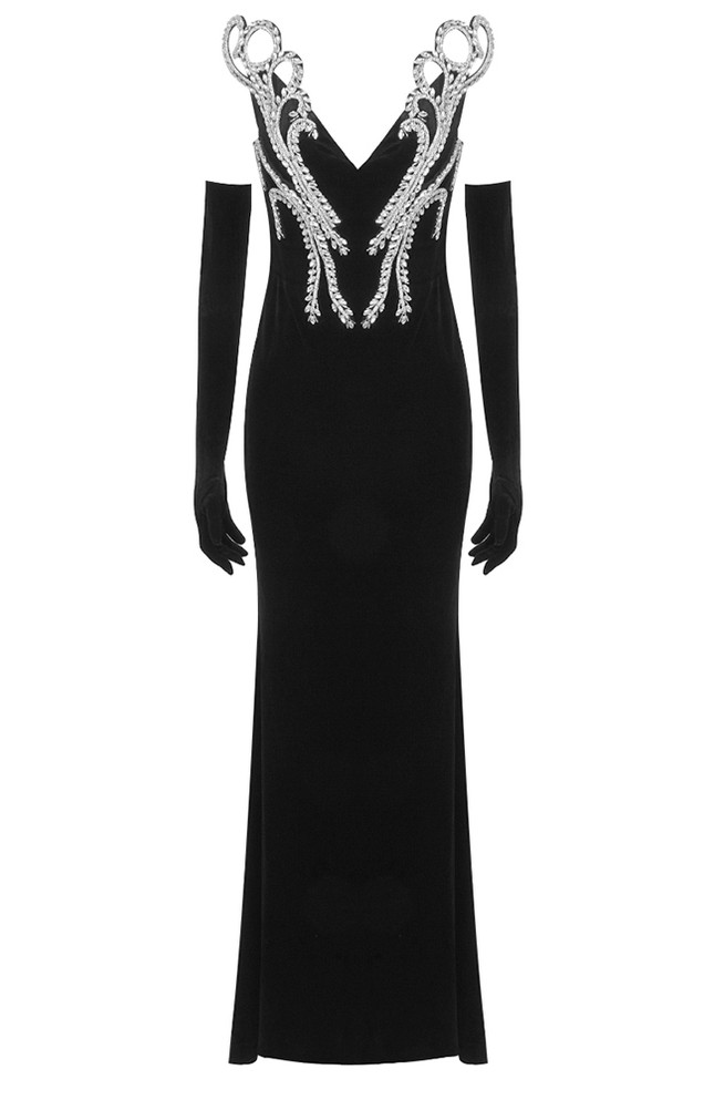 Long Sleeve Crystal Maxi Velvet Dress Black